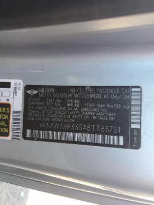 2008 MINI Cooper VIN WMWMF33548TT65751 фото с аукциона 5