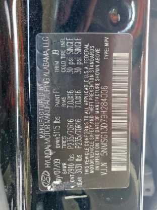 2009 Hyundai Santa Fe VIN 5NMSG13D79H284006 auction photo 5